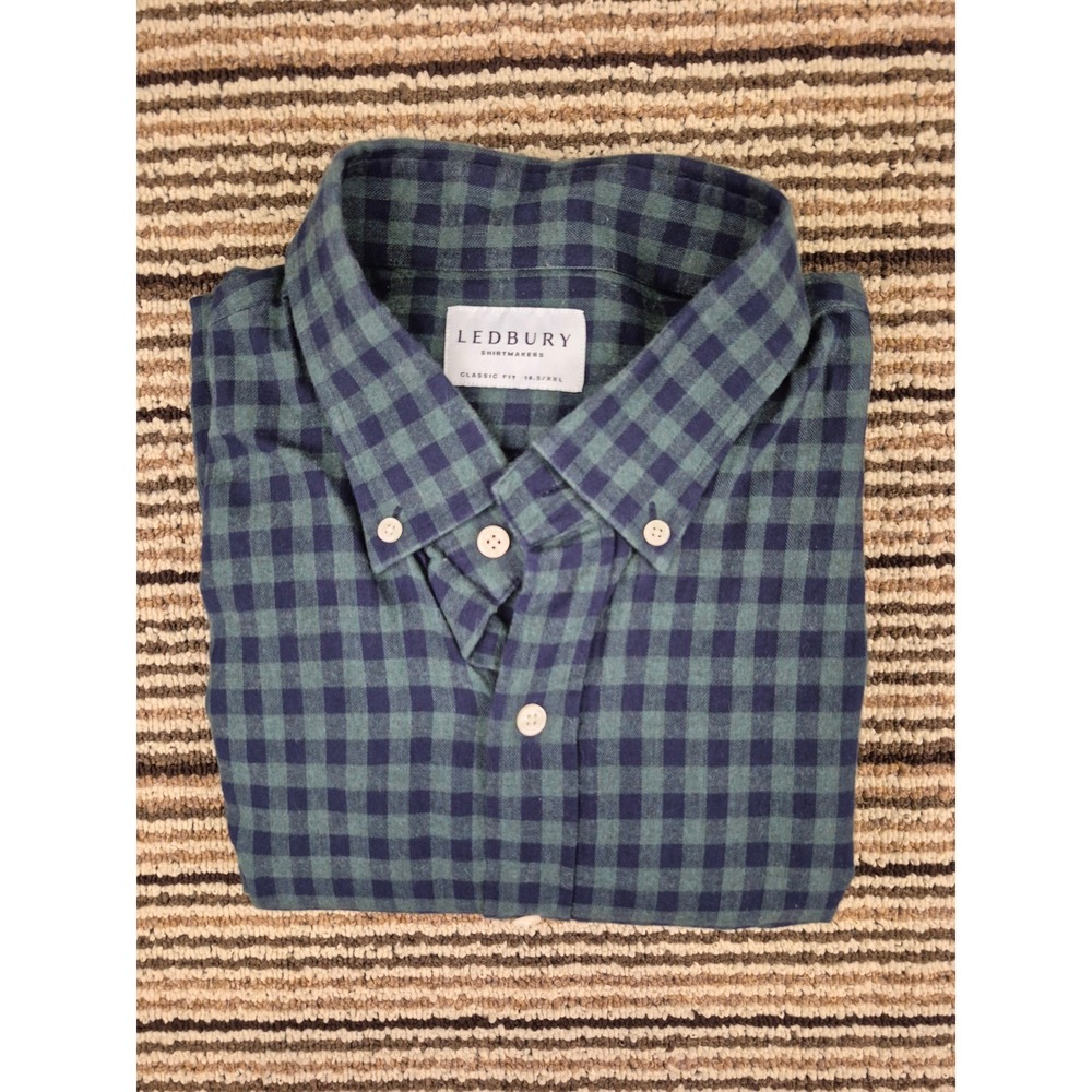 Ledbury Mens Sz XXL 18.5 Classic Fit Flannel Button‎ Down Shirt Green Navy Blue
